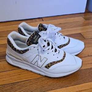 New Balance White and Leopard Accent Sneakers